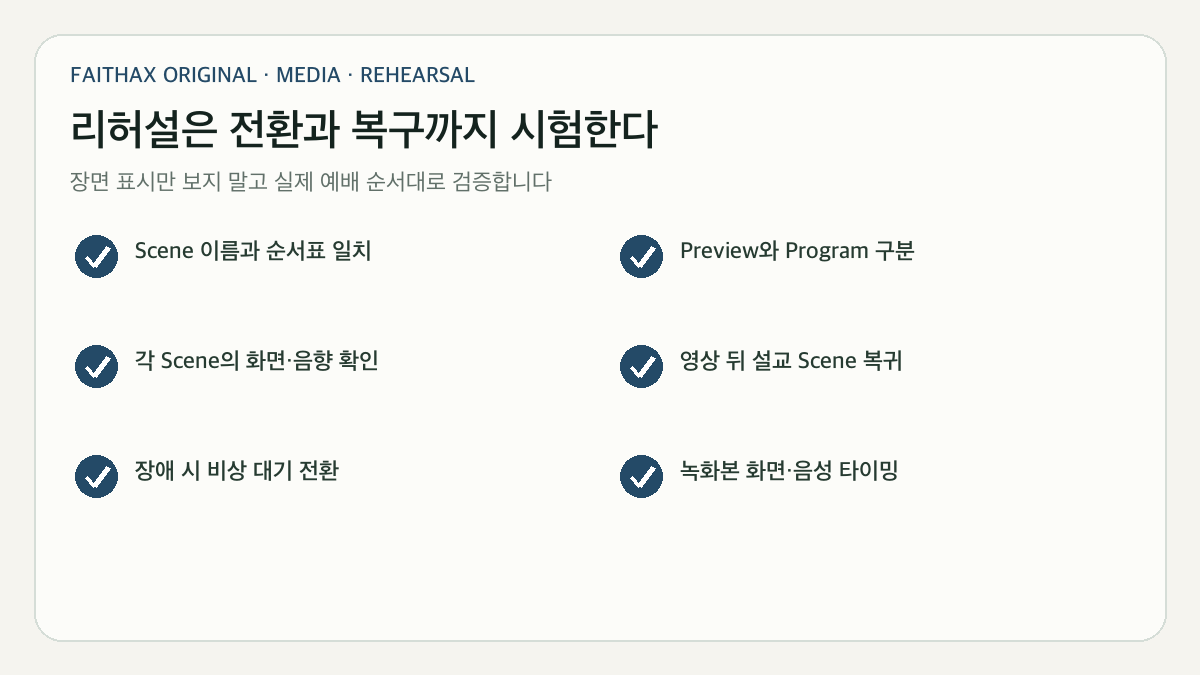 예배 전 리허설에서 확인할 장면 전환과 신호 상태