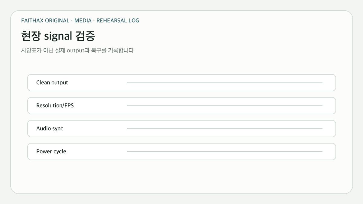 Clean output·Resolution/FPS·Audio sync·재부팅 복구를 확인하는 현장 검증