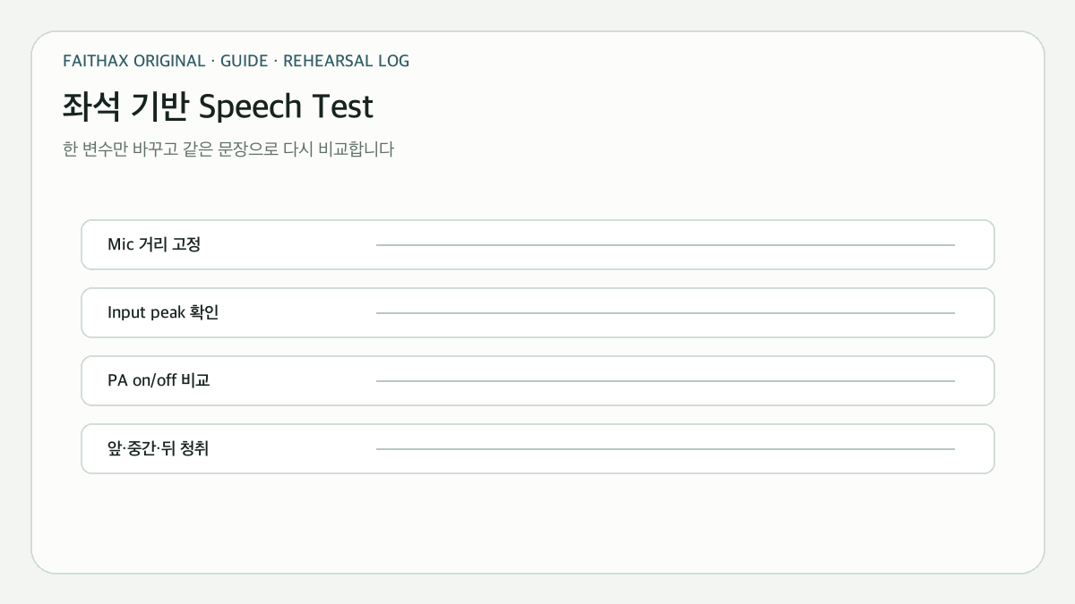 앞·중간·뒤 좌석에서 같은 문장으로 비교하는 speech test
