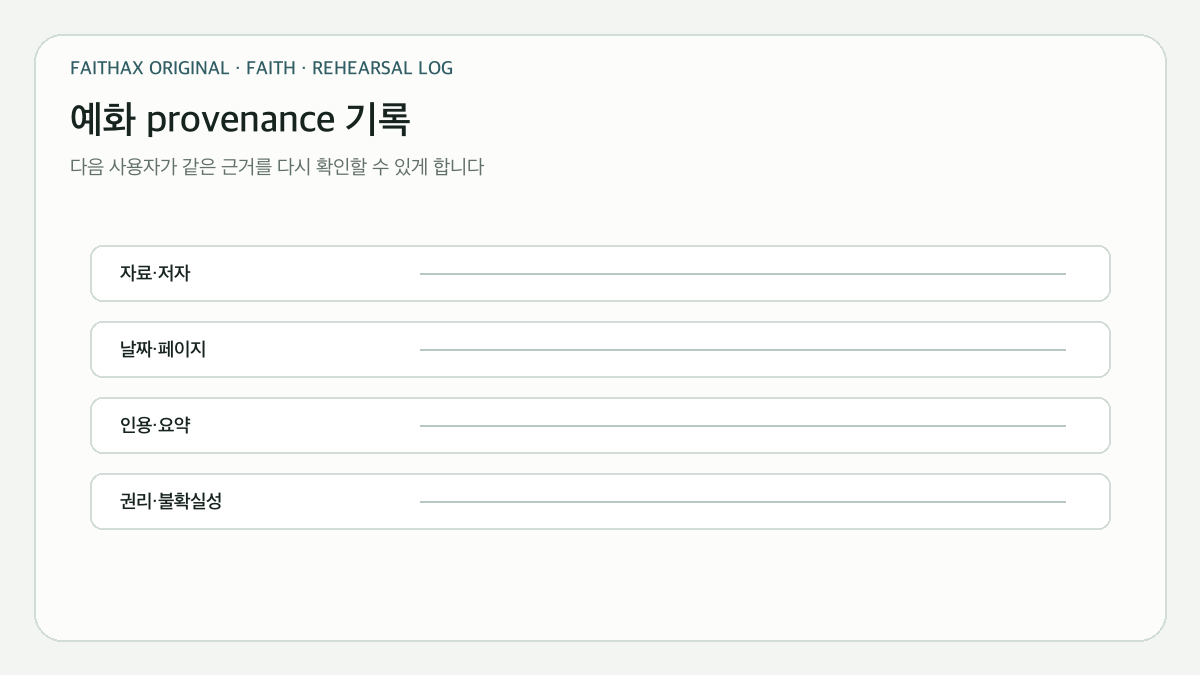 자료·저자·날짜·페이지·인용 범위·불확실성을 보존하는 예화 provenance